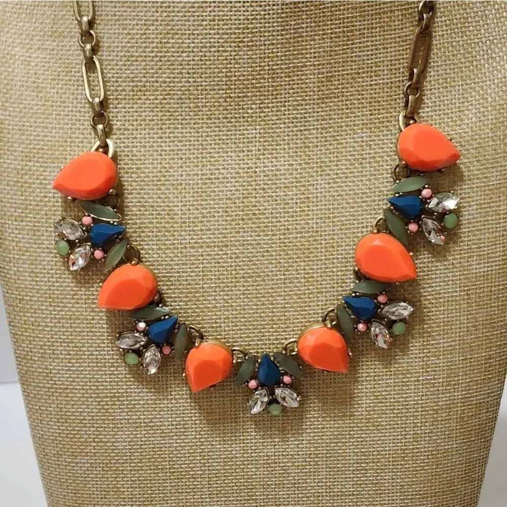 J. CREW orange,‎ green and blue jeweled statement necklace